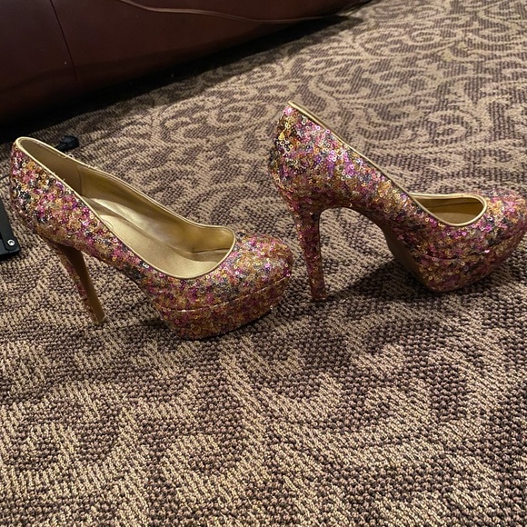 Jessica Simpson Devin 2 Heels Golden Rose Sequin Sparkle Size 7 1/2 - Picture 8 of 13